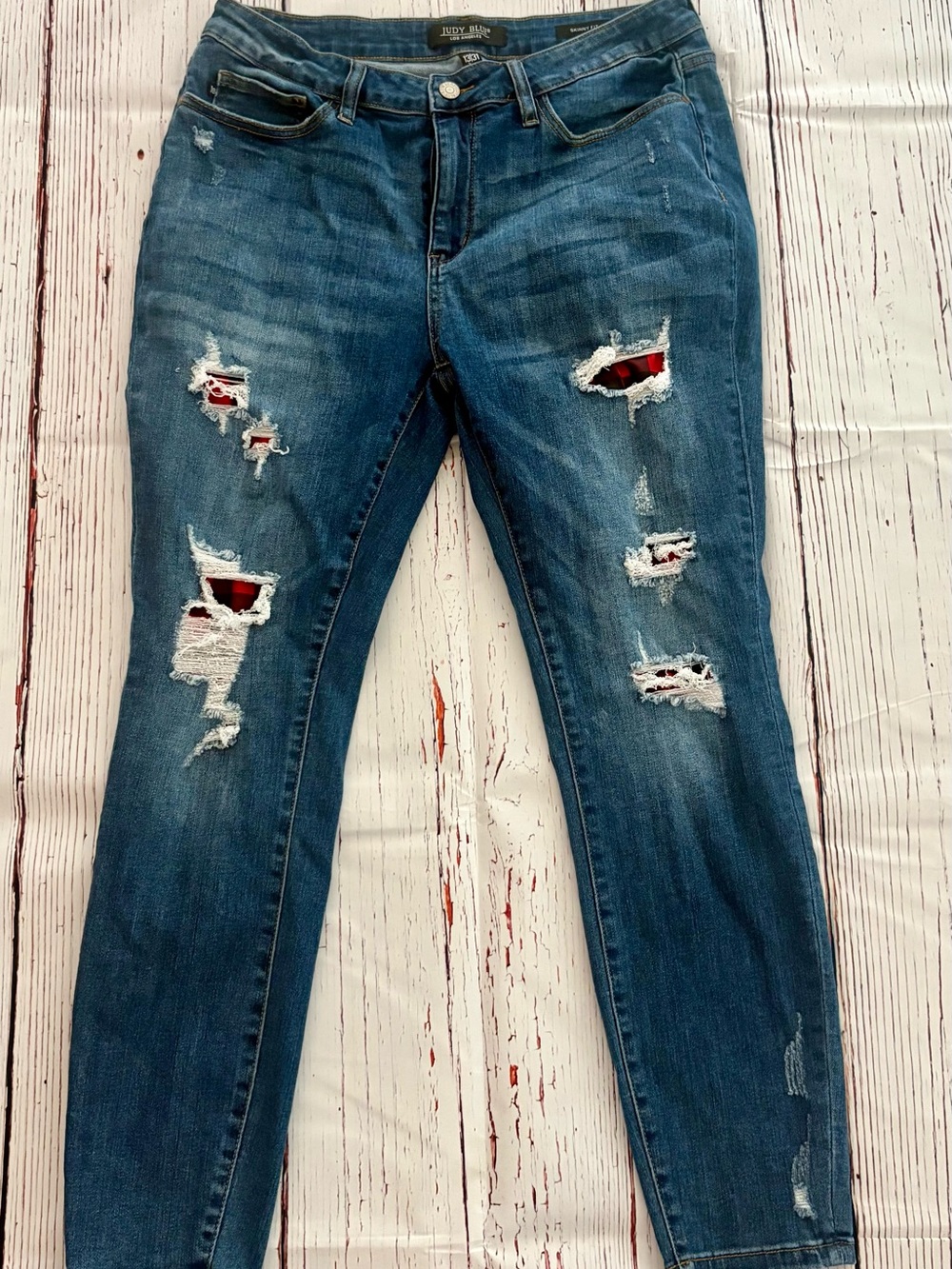 Judy Blue Medium Blue Distressed Skinny Jeans with Red Patch Details